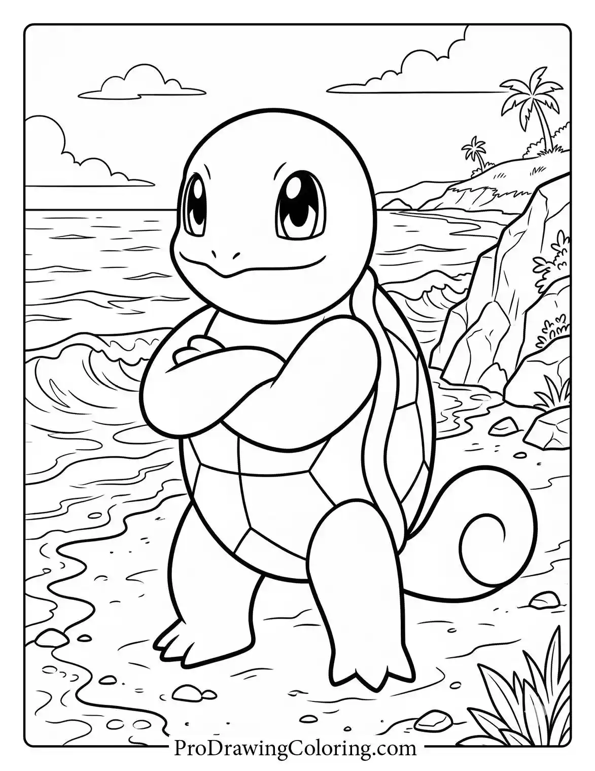 Printable Pokemon coloring pages featuring an adorable water type Squirtle standing proudly with its arms crossed on a sandy beach, with gentle ocean waves.