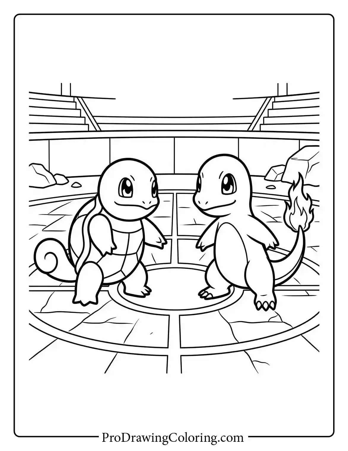 Coloring page of Squirtle and Charmander facing each other in the center of a large detailed stadium arena, getting ready for an exciting game match.