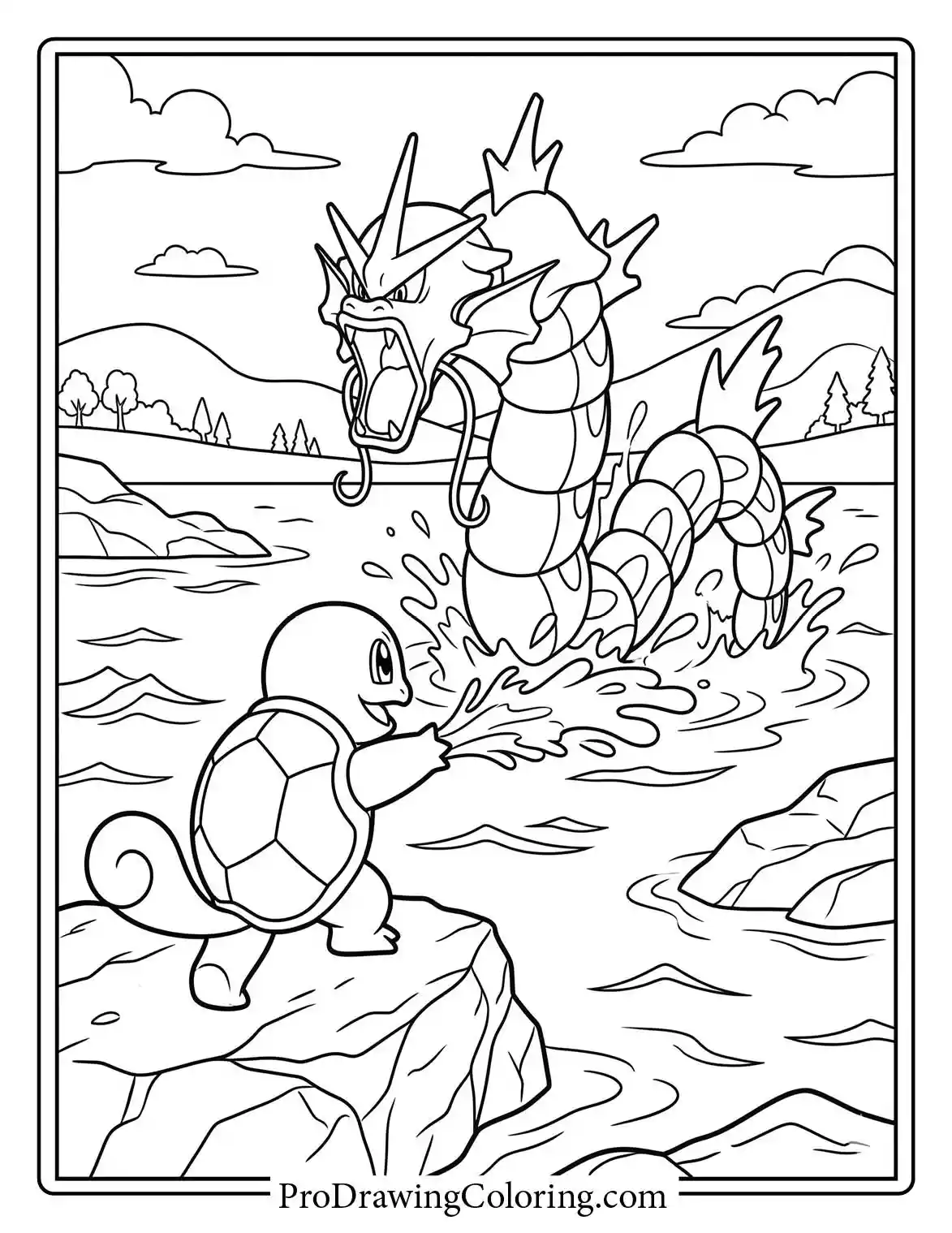 Squirtle unleashes a powerful water gun attack against a massive, intimidating Gyarados emerging from a wild, splashing river, an epic water Pokemon colouring.