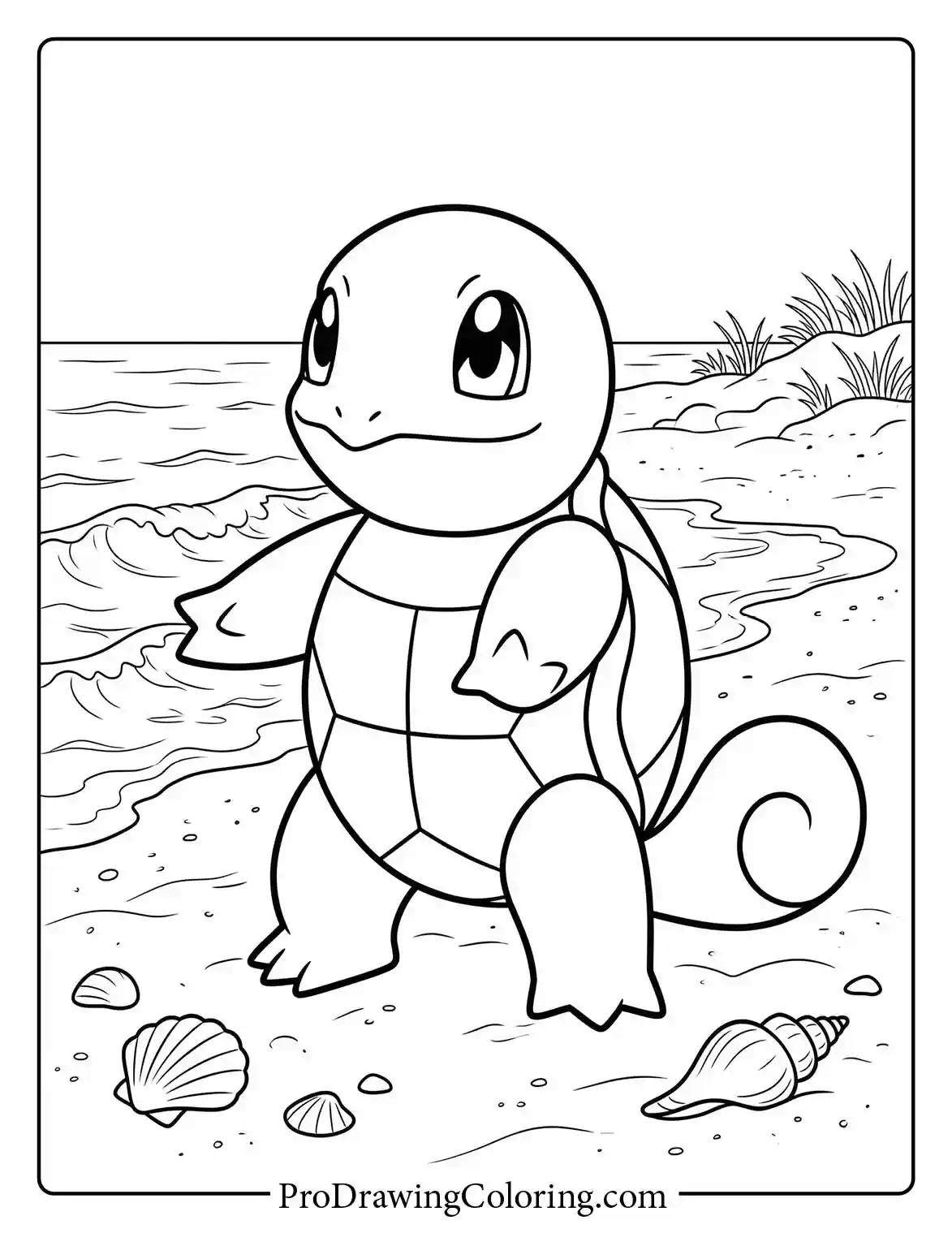 Adorable Squirtle stands happily on a sandy beach, with lovely sea shells near its feet and gentle ocean water waves rolling in the background, a simple Pokemon colouring.
