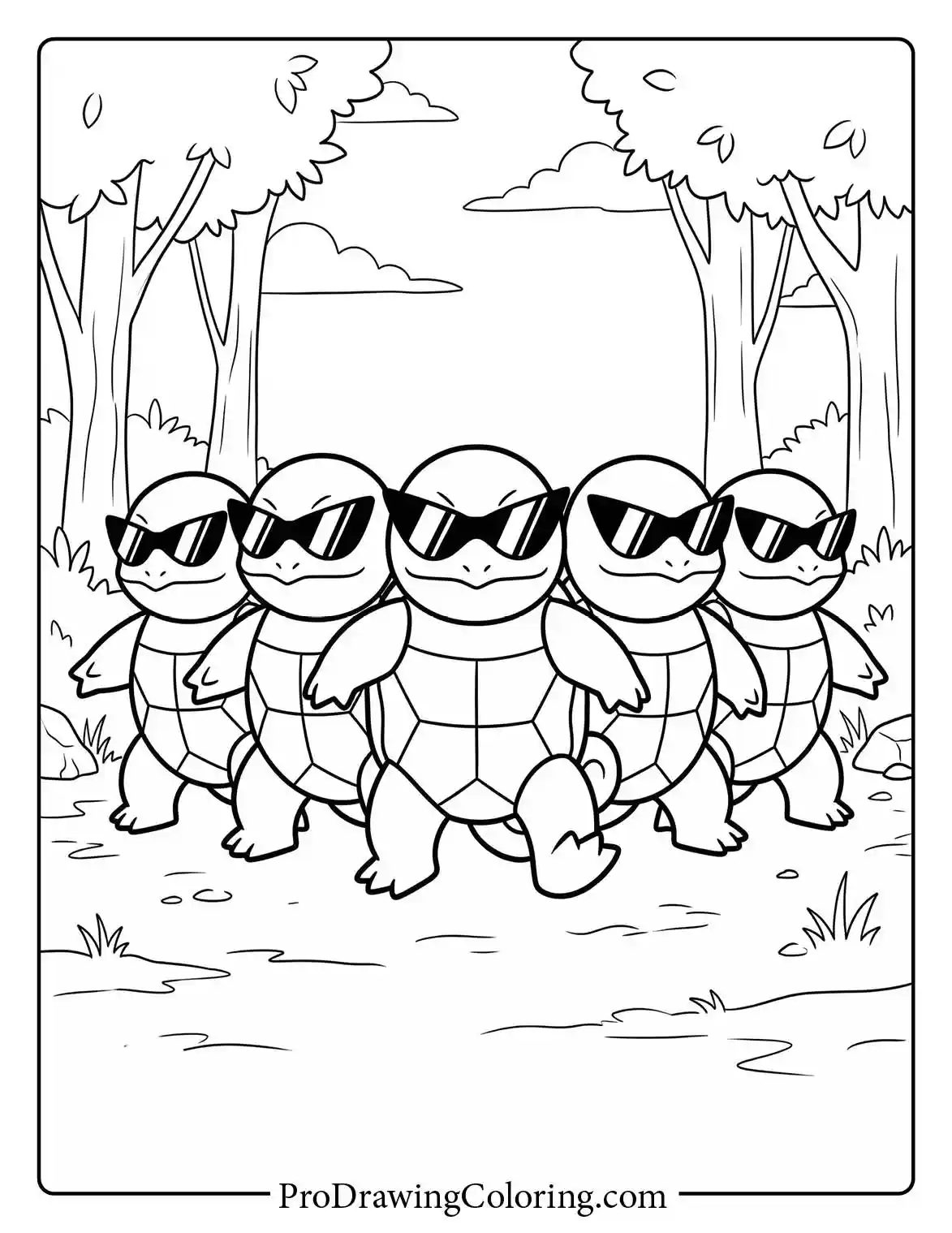 Coloring page of a group of five Squirtle wearing cool sunglasses, known as the Squirtle Squad, standing confidently together in a forest clearing.