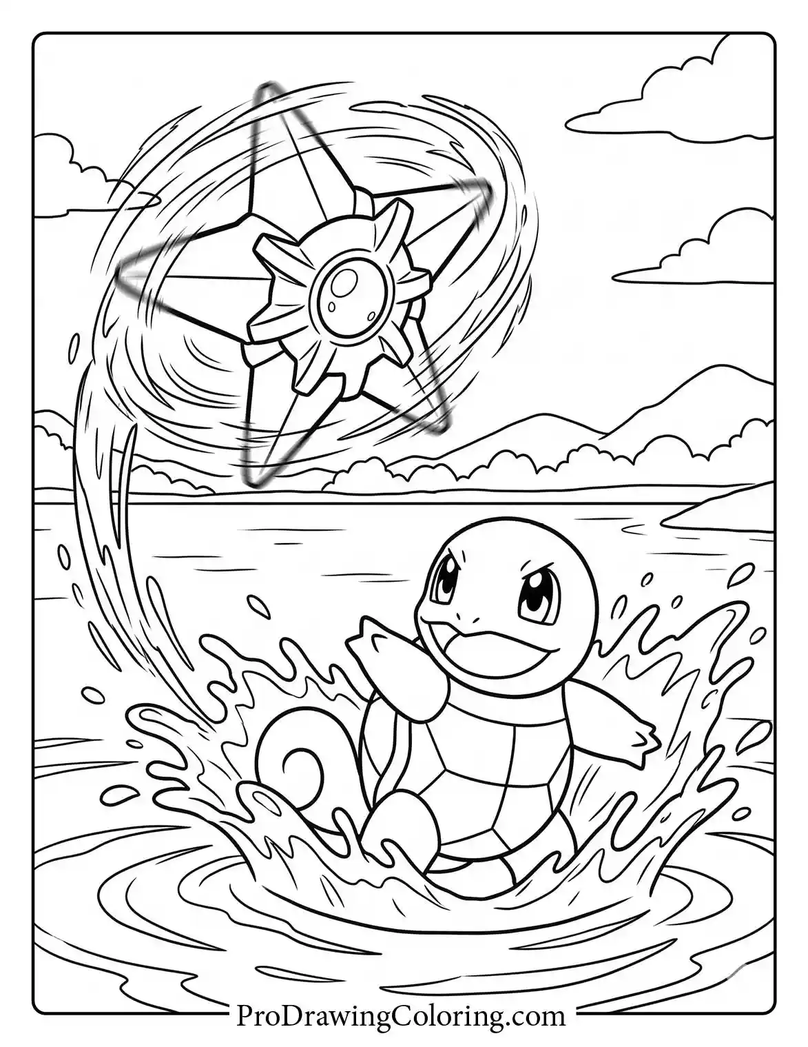 Squirtle uses a powerful water attack, splashing water everywhere as it battles against a spinning Starmie over a calm lake, a great Pokemon coloring sheet.