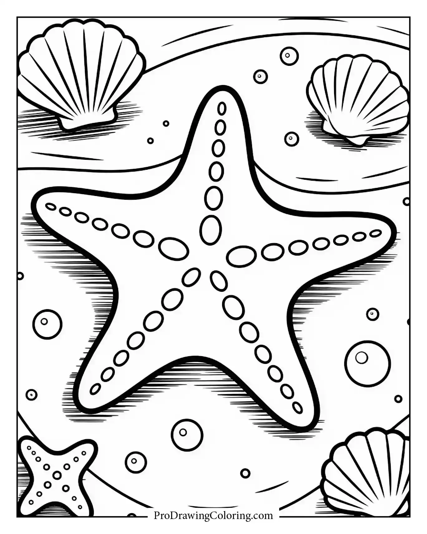 Starfish on a sandy background with seashells, easy coloring page