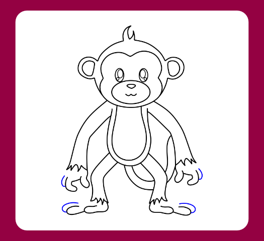 Refining the hands and feet of a cartoon monkey drawing for a cute look.