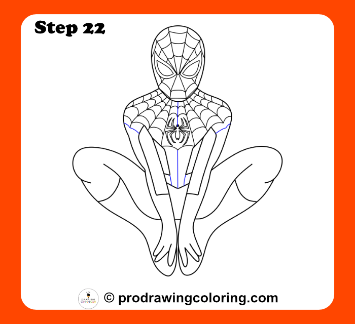 Adding vertical suit details and belt lines to a Spiderman drawing.