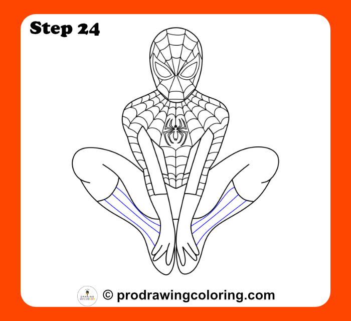 Sketching the vertical lines on Spiderman's boots for a full body drawing.