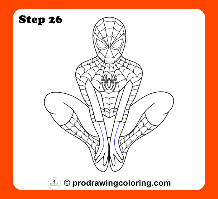 Adding vertical web details to Spiderman's hands and gloves.