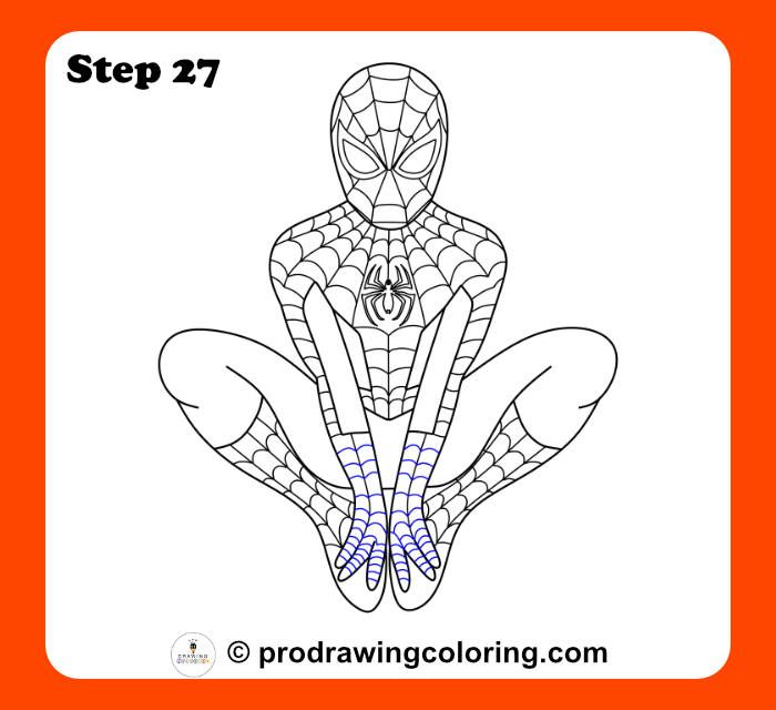 The finished full body Spiderman drawing with all web details complete.