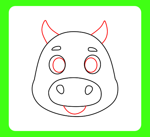 Tutorial on how to draw the cow horns and a playful tongue for a fun character.