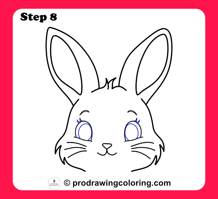 Finalizing the bunny drawing eyes with pupils and bright highlights.