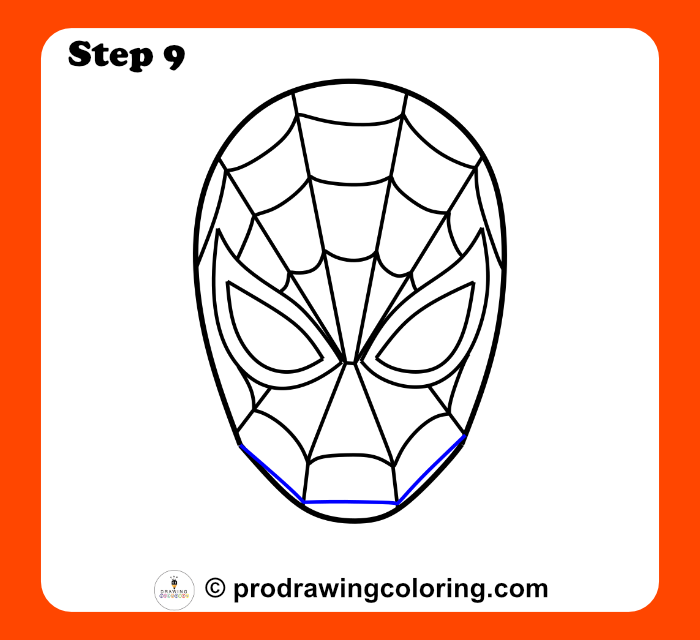 Completing the web pattern for a realistic Spiderman mask drawing.