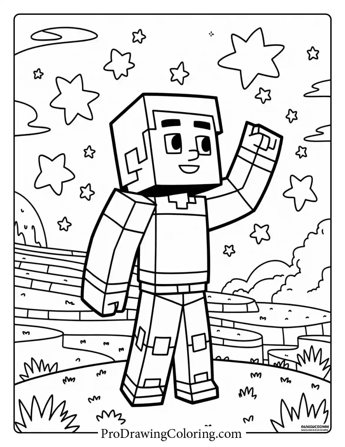 Minecraft coloring page of Steve standing happily under a beautiful night sky filled with many bright square stars.