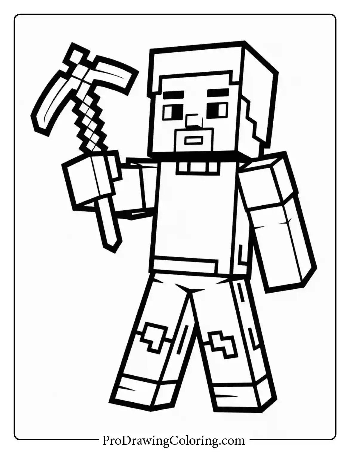 Minecraft steve coloring page featuring the hero Steve holding an iron pickaxe and ready to go deep into the mines.