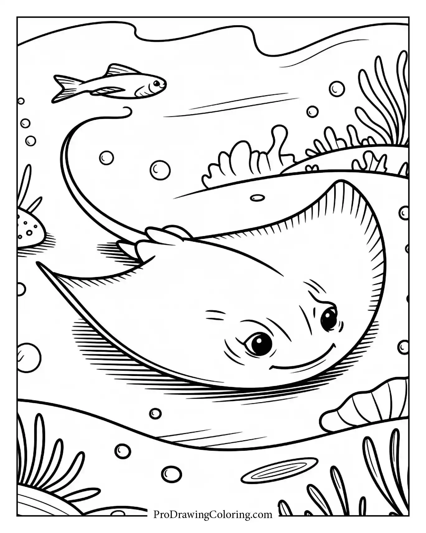 Cartoon stingray gliding near a sandy seabed with bubbles, printable coloring page