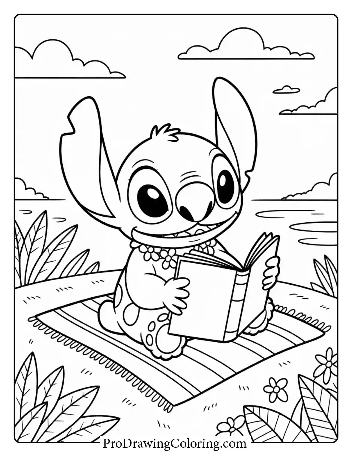 Detailed stitch coloring pages of him reading on the summer beach, perfect for an adult.