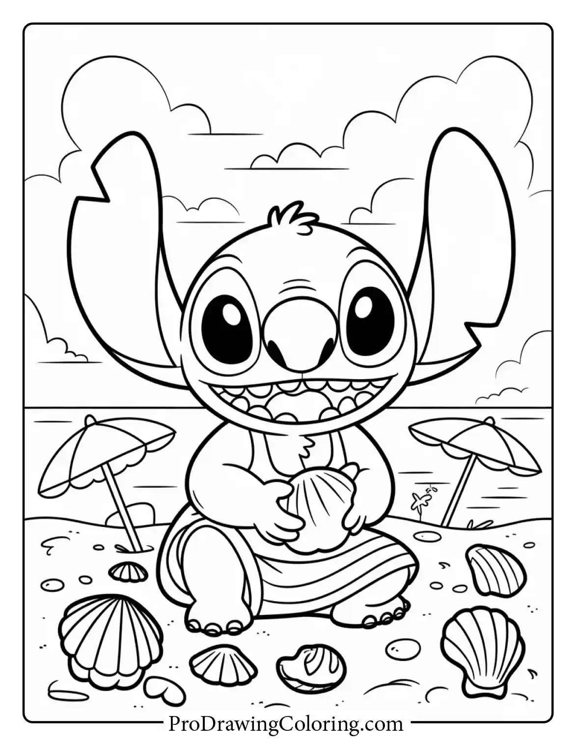 Get these stitch printable coloring pages of him sitting on the Hawaii beach looking at a shell.
