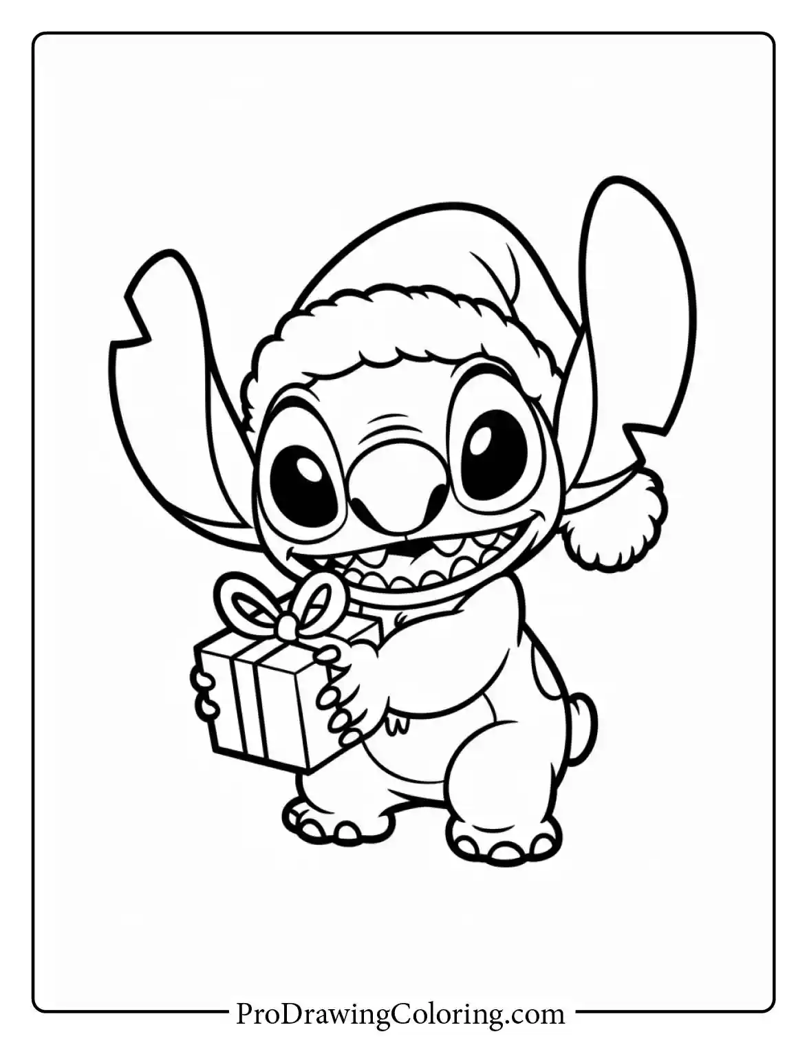 A wonderful stitch christmas coloring page featuring a santa character holding a winter present.