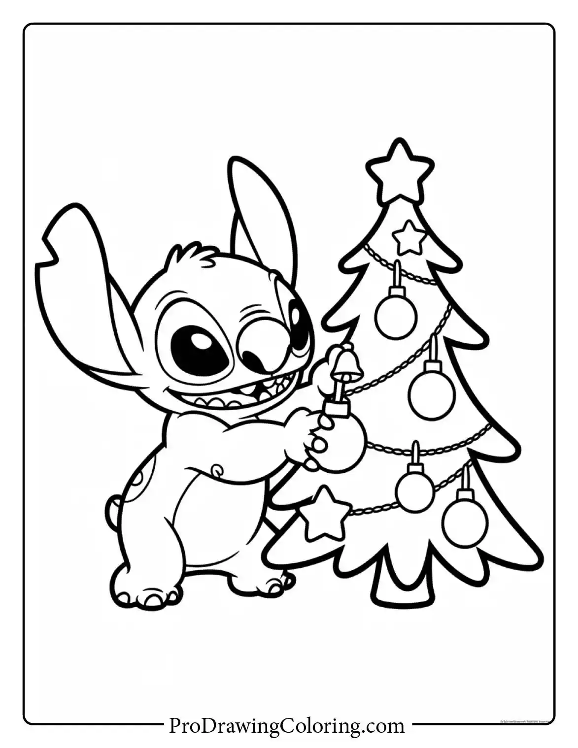 A festive stitch christmas coloring page showing him decorating a tree during the winter holiday season.