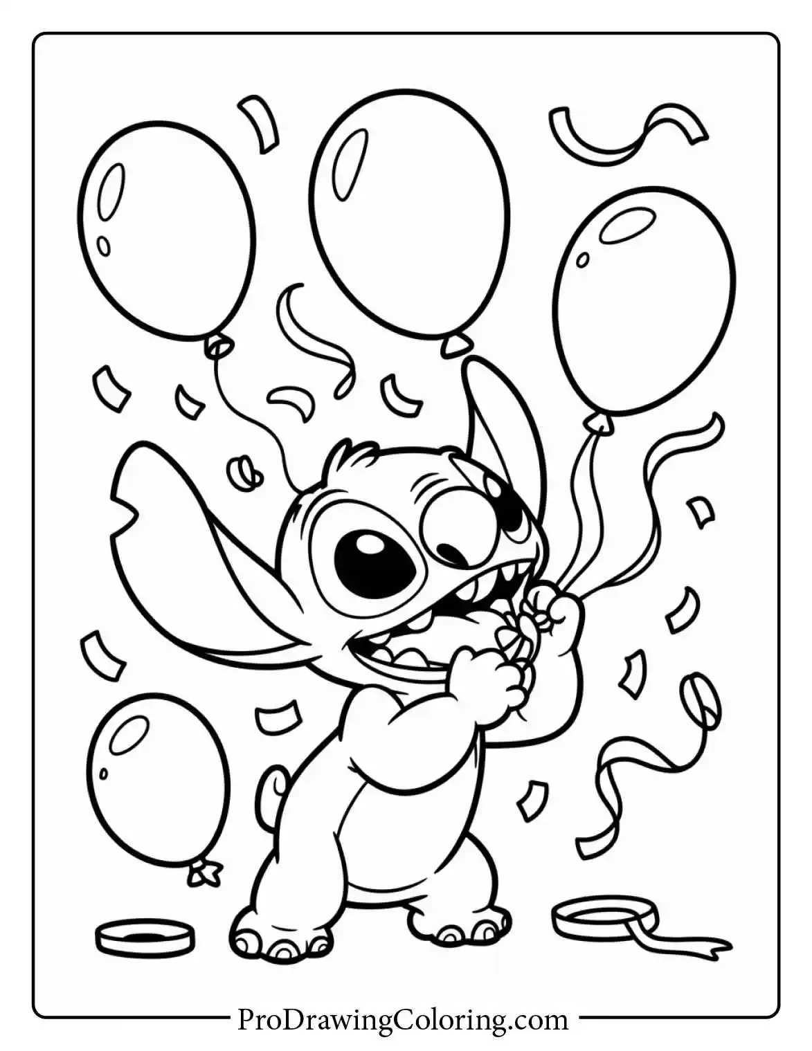 Festive stitch coloring pages showing him celebrating a happy birthday with balloons.