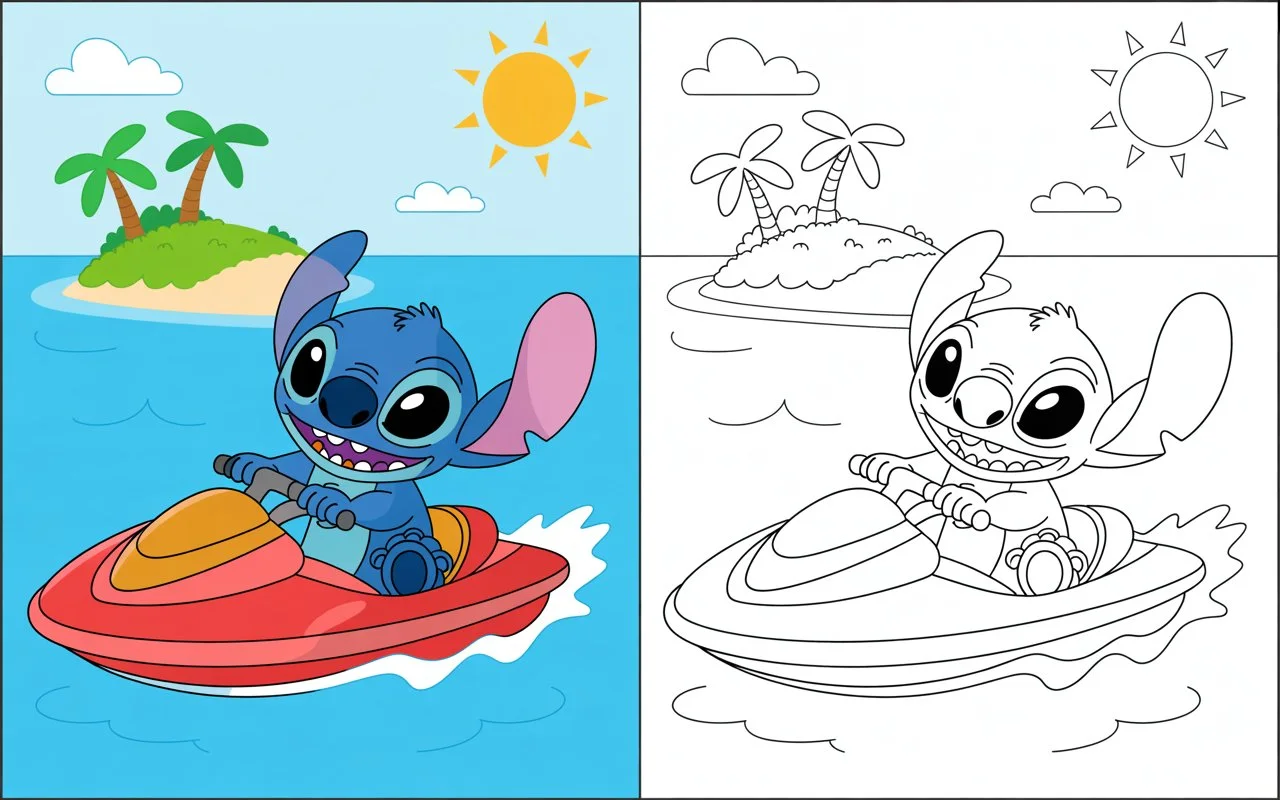 Stitch coloring pages featuring a fun tropical scene with Stitch riding a jet ski on the ocean, shown in a colorful illustration alongside a matching black and white coloring page for kids