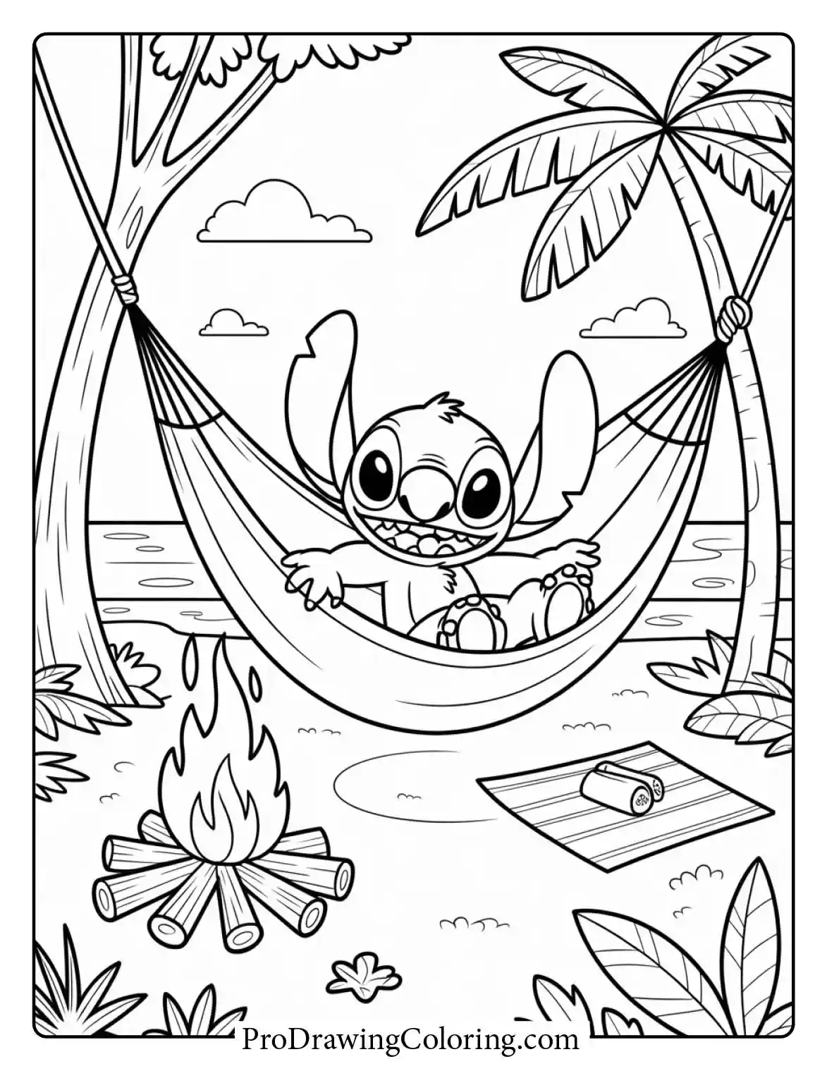 Beautiful stitch coloring pages printable showing a relaxing summer scene with a beach hammock.