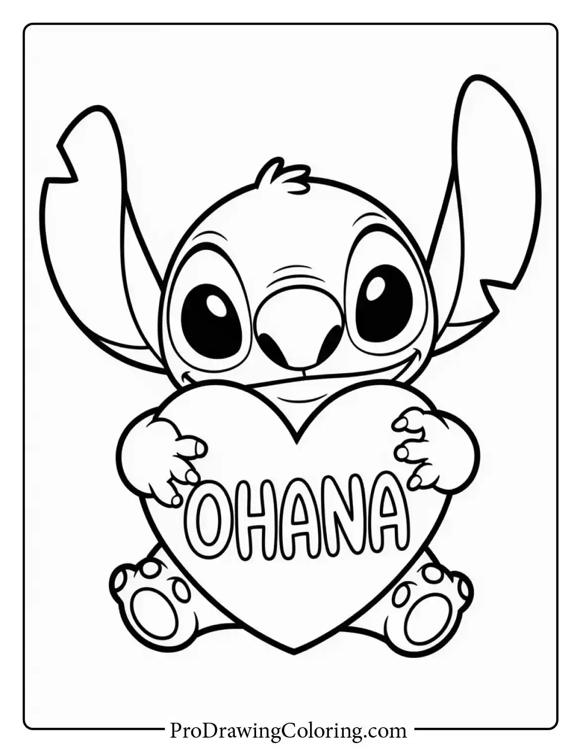 A meaningful stitch coloring sheet showing him holding a heart with the word Ohana in Hawaii.