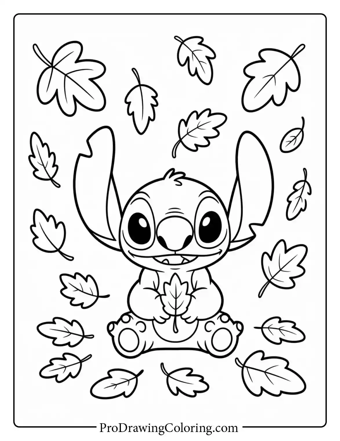 Beautiful printable stitch coloring pages with an easy drawing of him surrounded by fall leaves.