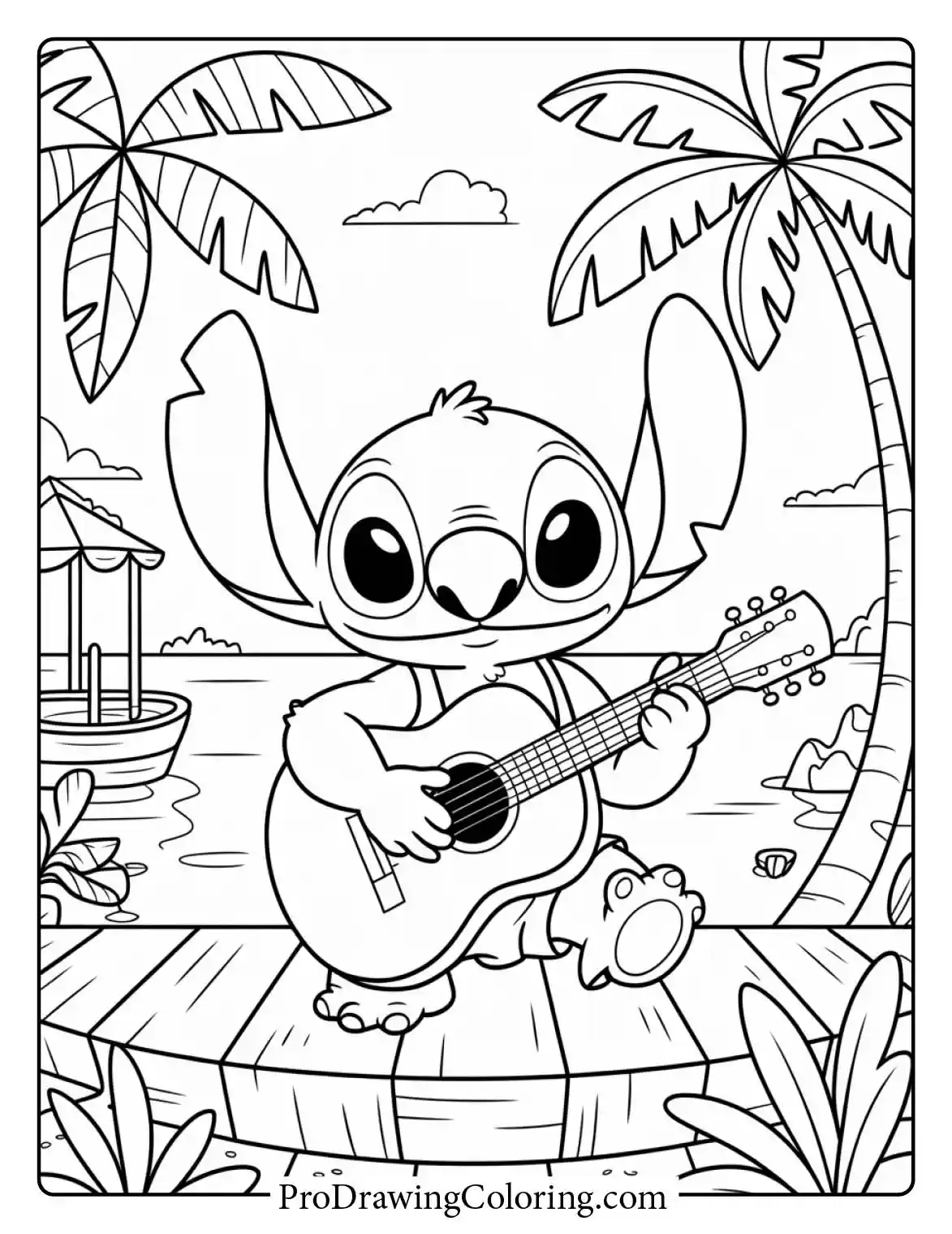 A peaceful coloring page stitch playing a guitar on a wooden dock in tropical Hawaii.
