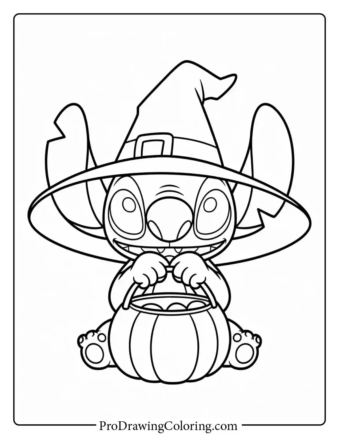 Spooky stitch halloween coloring pages featuring him popping out of a carved fall pumpkin in a witch hat.