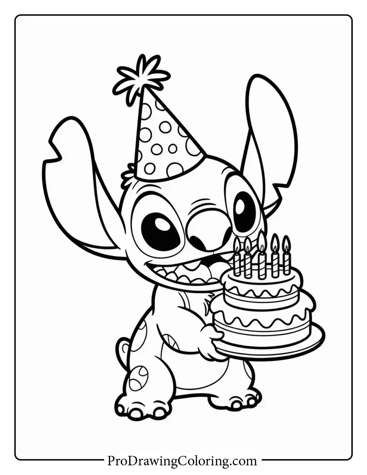 Fun printable stitch coloring pages featuring him holding a happy birthday cake.