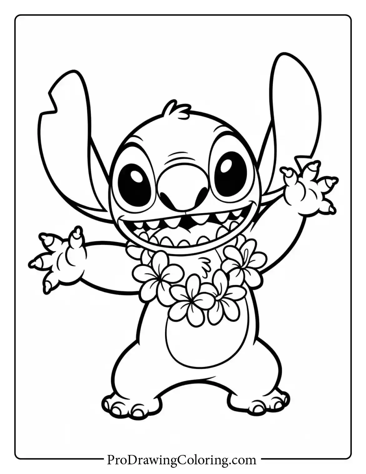 Beautiful coloring pages of stitch wearing a flower lei and looking happy in Hawaii.