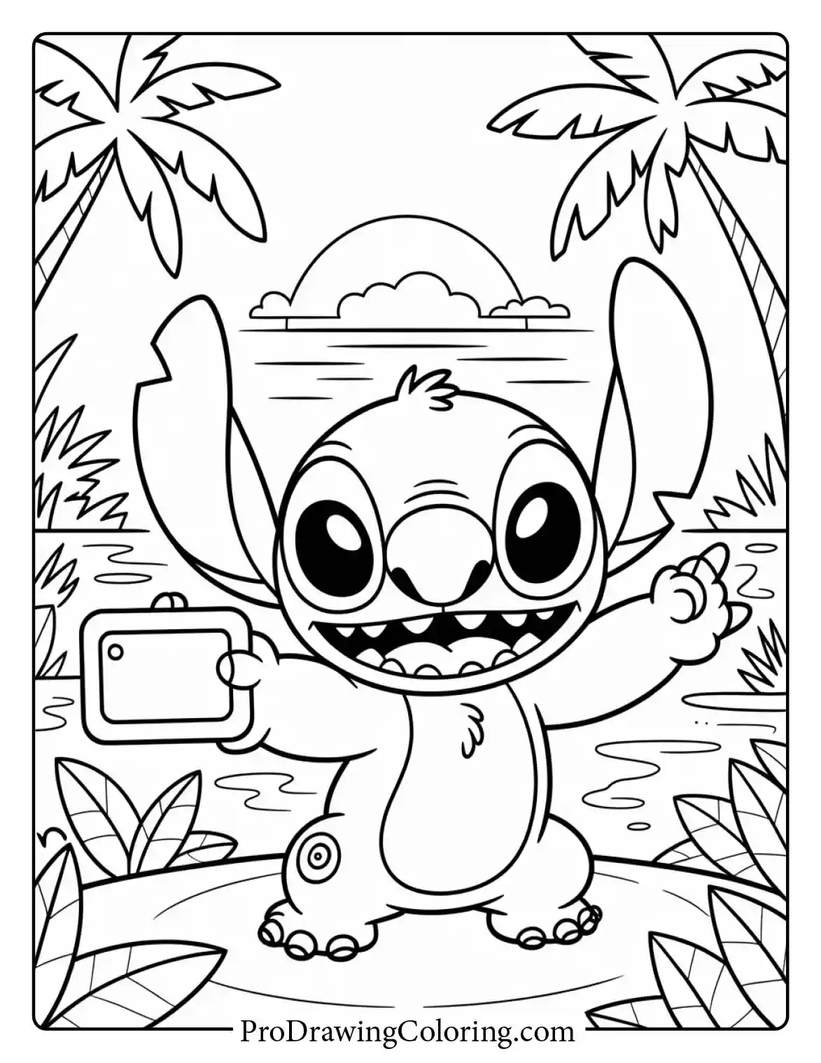 Fun coloring pages of stitch taking a happy selfie on a beautiful Hawaii summer island.