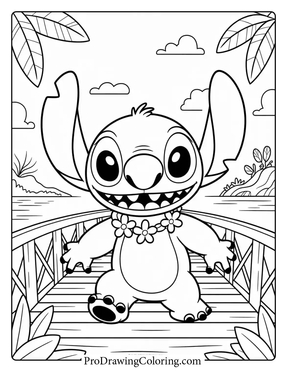 A beautiful coloring page stitch walking across a bridge in tropical Hawaii during summer.