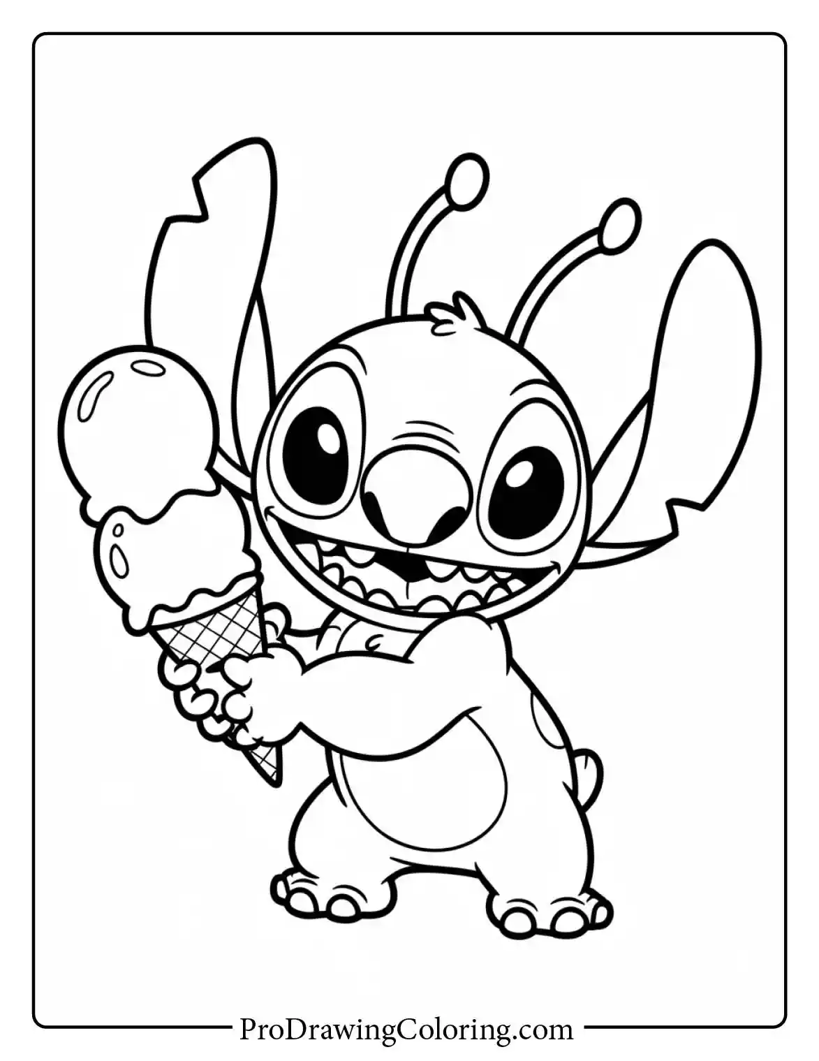 Delicious stitch coloring pages featuring the character eating a big ice cream cone in the summer heat.
