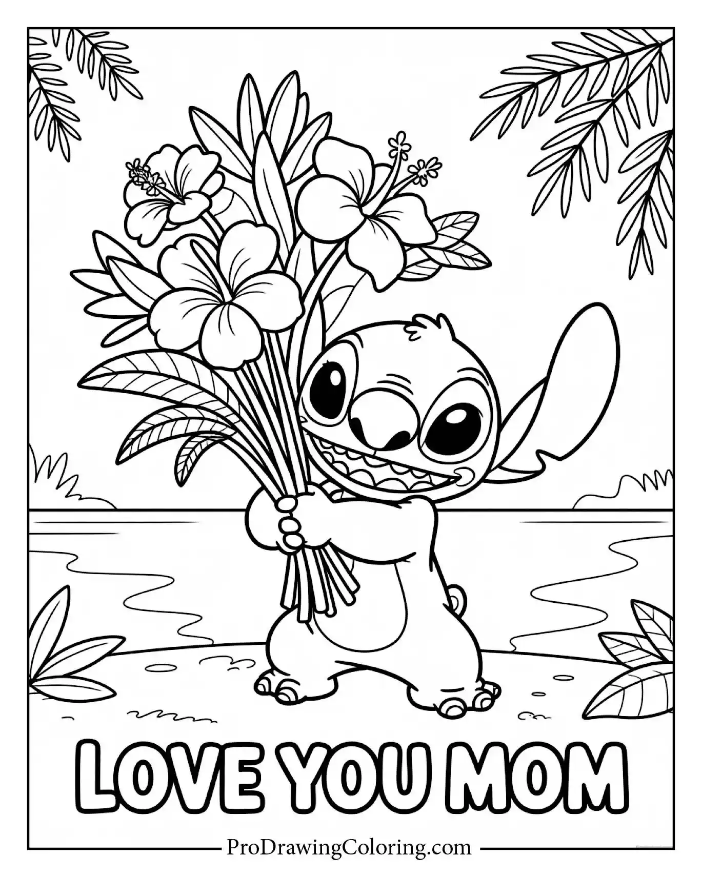 Stitch standing on a tropical beach holding exotic flowers. An easy and cute mothers day coloring page for kids to enjoy.