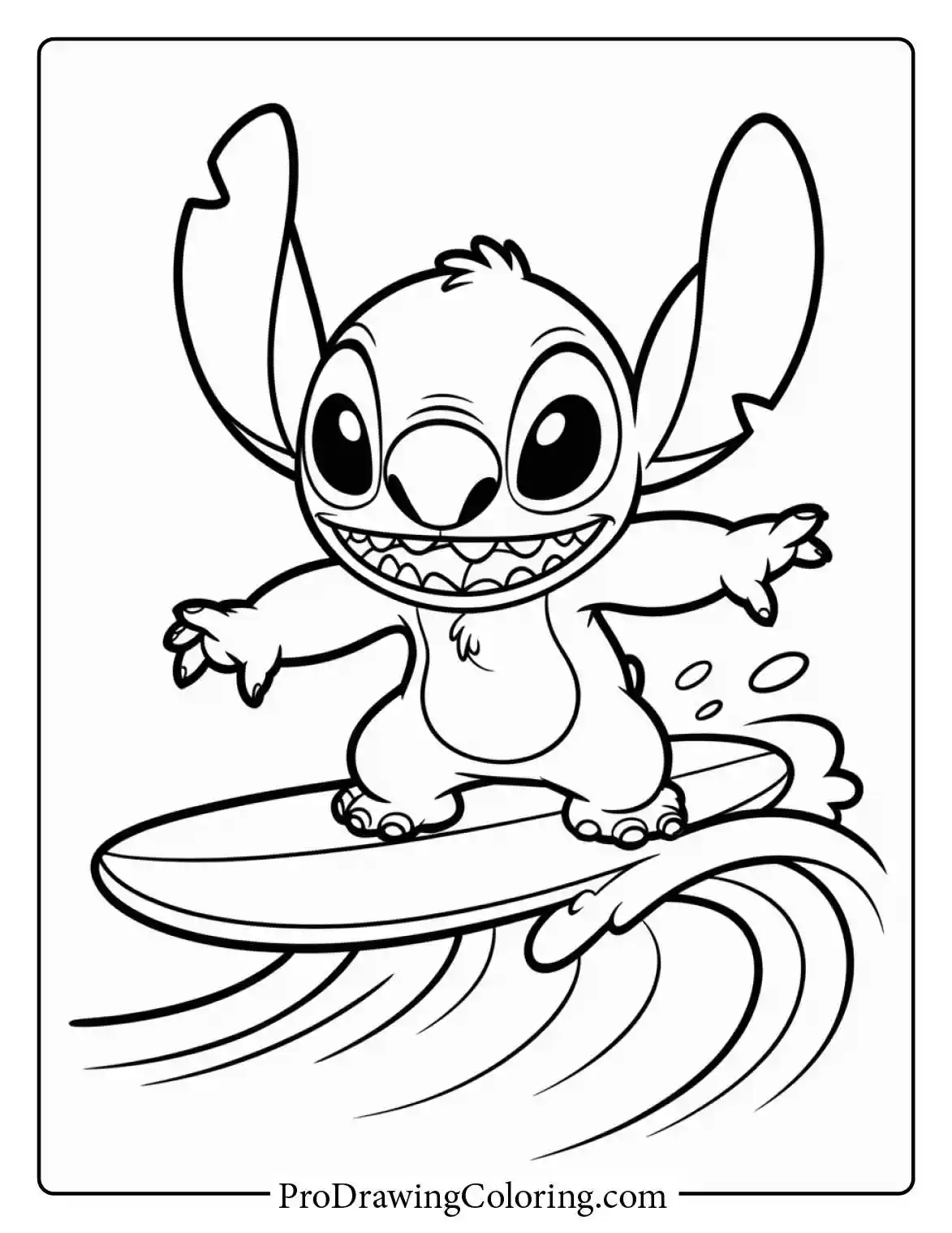 Action-packed stitch printable coloring pages of him riding a surf board in the summer waves.