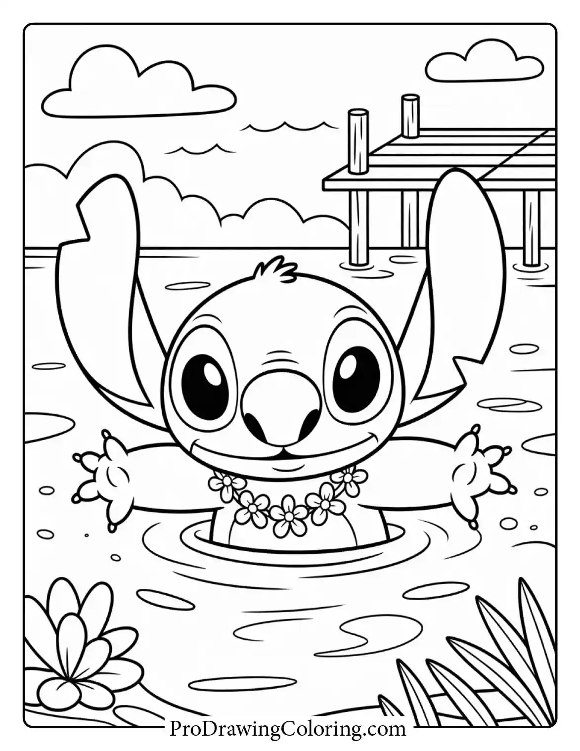 Refreshing stitch printable coloring pages of him swimming during a summer day in Hawaii.