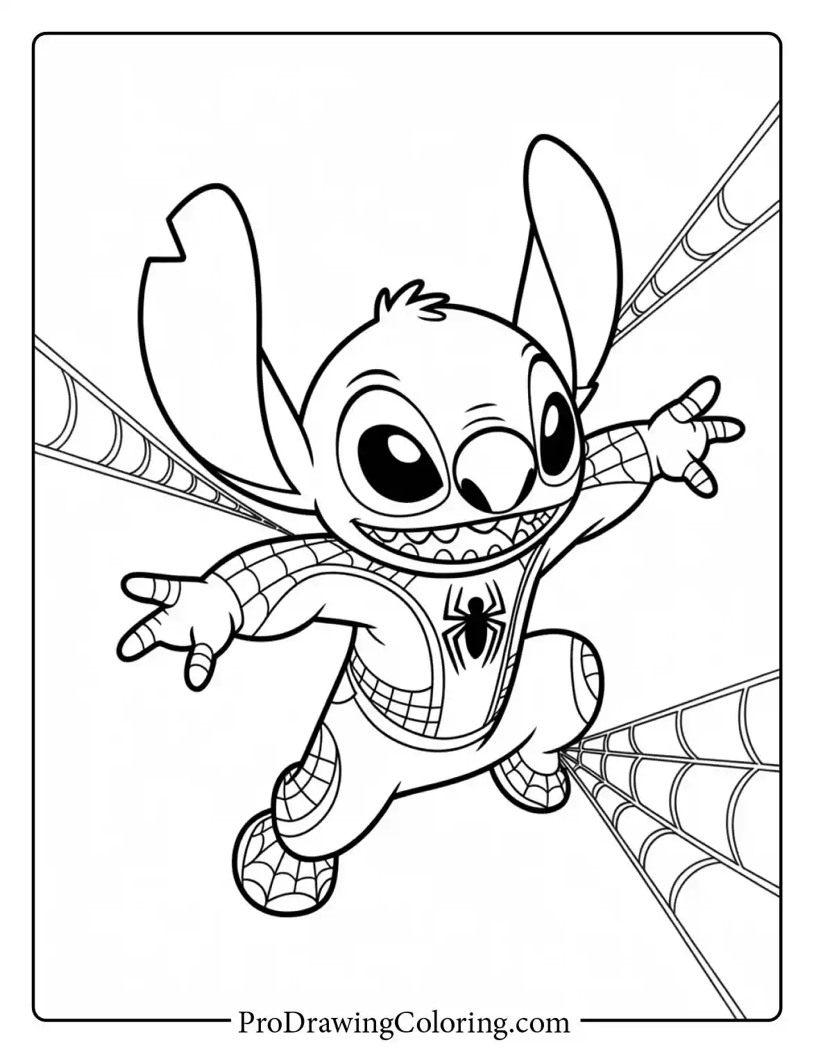 Explore fun coloring pages of stitch dressed up as the Spiderman character swinging on a web.