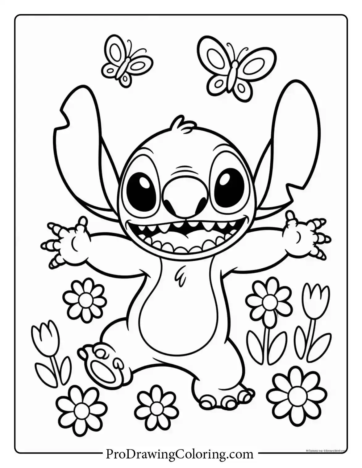 Delightful printable stitch coloring pages of a happy character jumping in spring flowers.