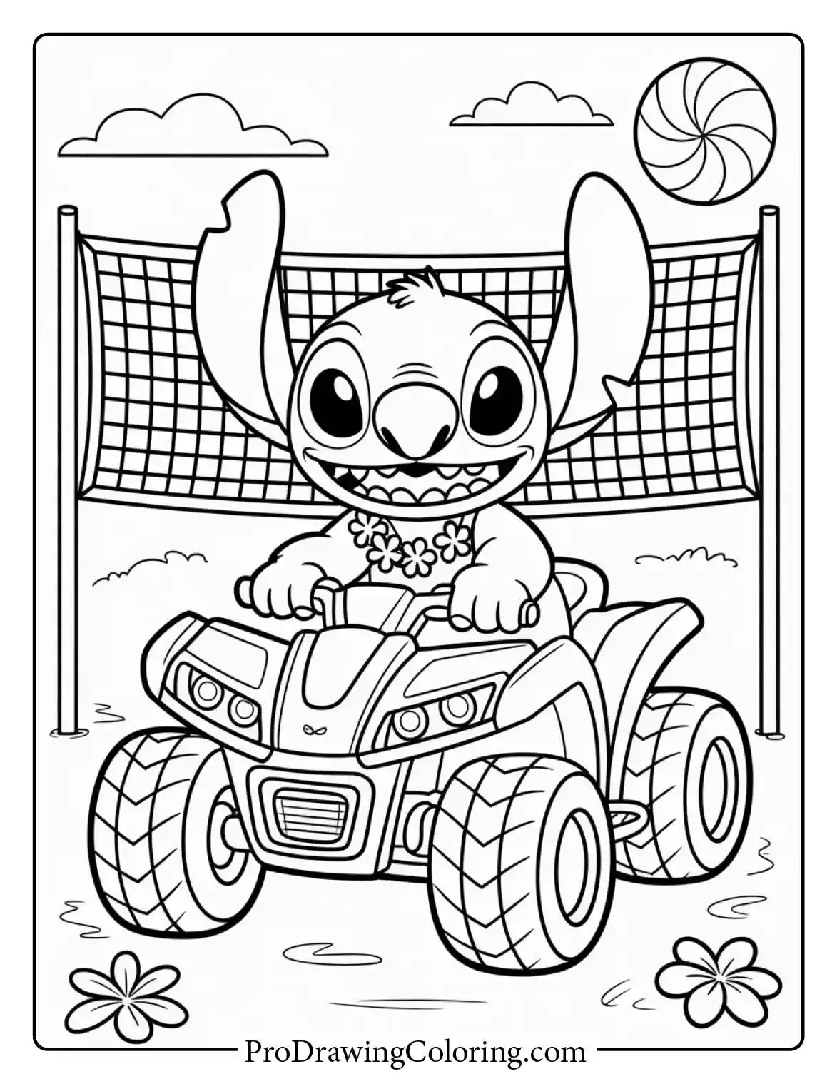 A fun stitch coloring sheet showing him driving an ATV on the summer beach, great for kids to download.