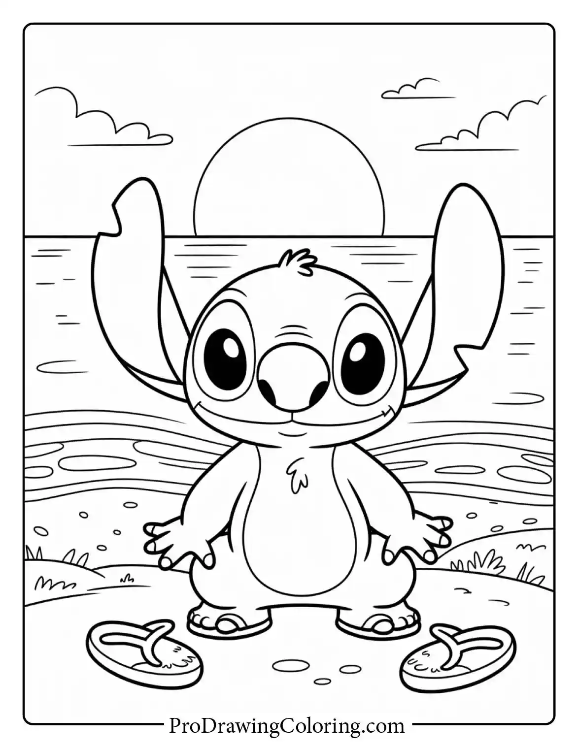 Relaxing free printable stitch coloring pages showing him on the beach with summer flip flops.