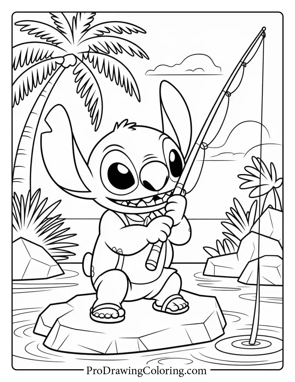 Enjoy these free printable stitch coloring pages with an easy drawing of him fishing in the summer.