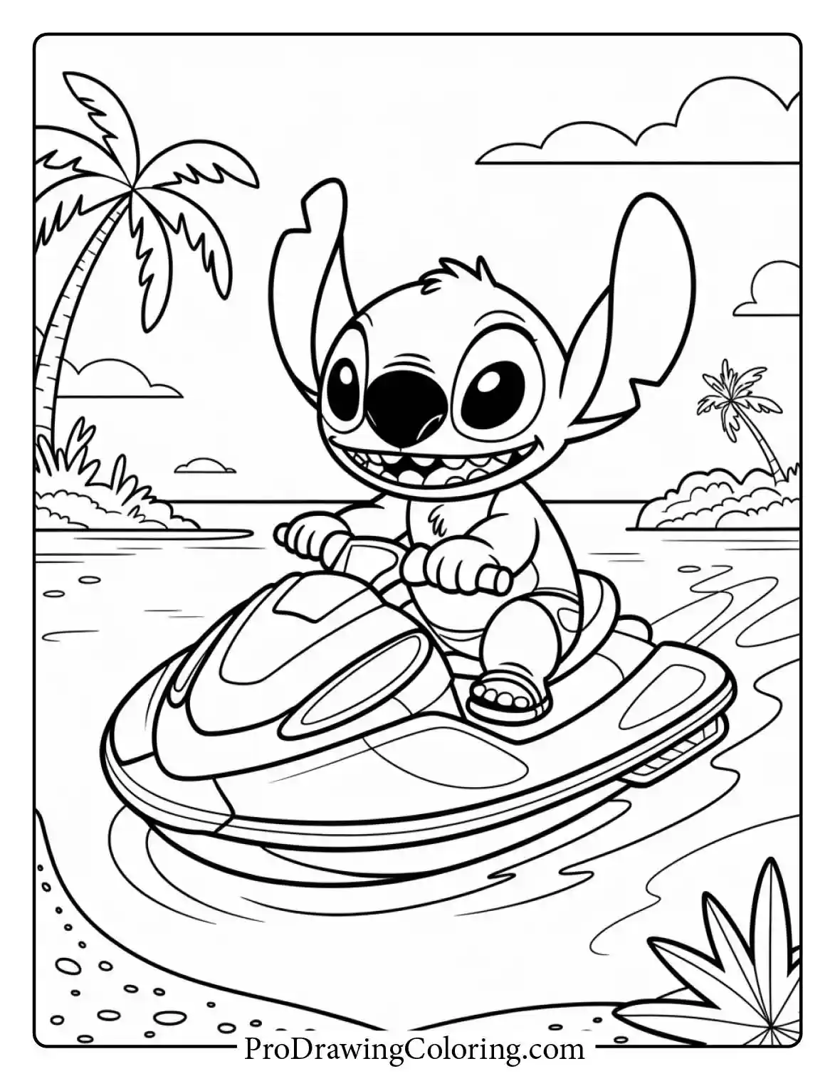 Exciting free printable stitch coloring pages showing him on a jet ski at the summer beach.