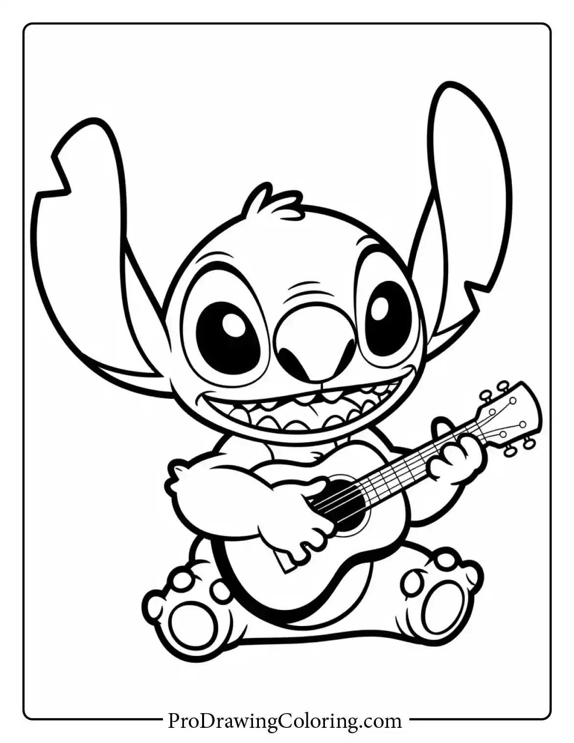 Relaxing stitch coloring pages printable showing him playing a guitar ukulele in Hawaii, great for an adult.