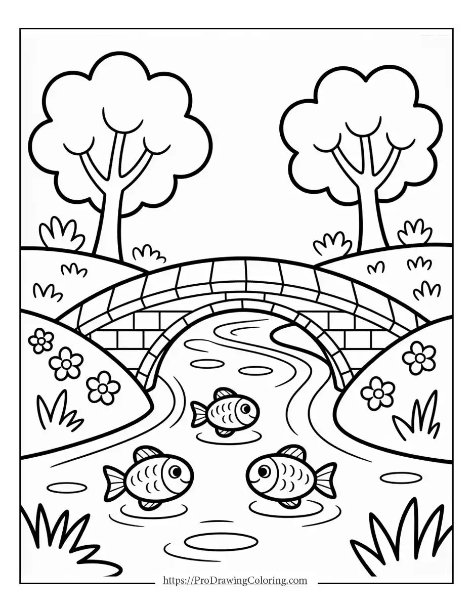 spring landscape with a stone bridge, flowing river, flowers, and trees creating a calm nature scene
