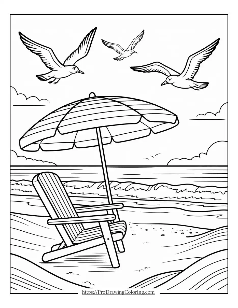Relaxing summer printable with a beach chair, umbrella, and ocean waves
