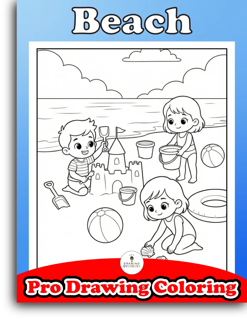 Kids building a sandcastle by the sea in these coloring pages, a super easy free printable for summer fun.