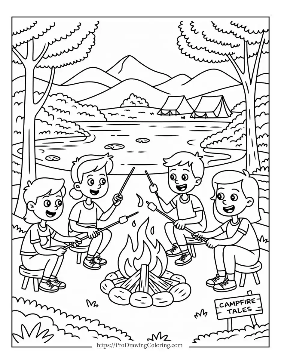 Children sitting around a campfire near a calm lake with trees and mountains in the background