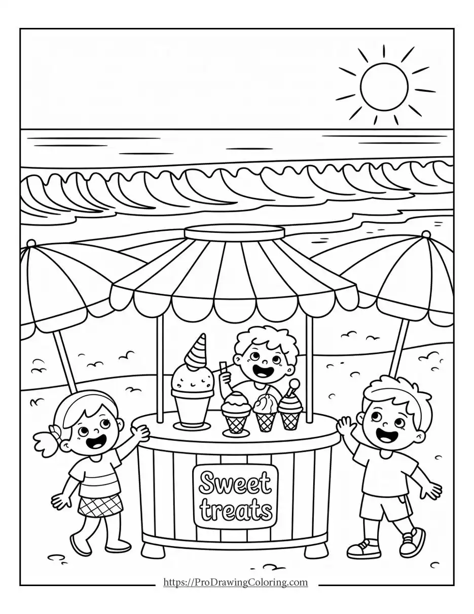 Smiling kids enjoying ice cream together at a small stand by the beach