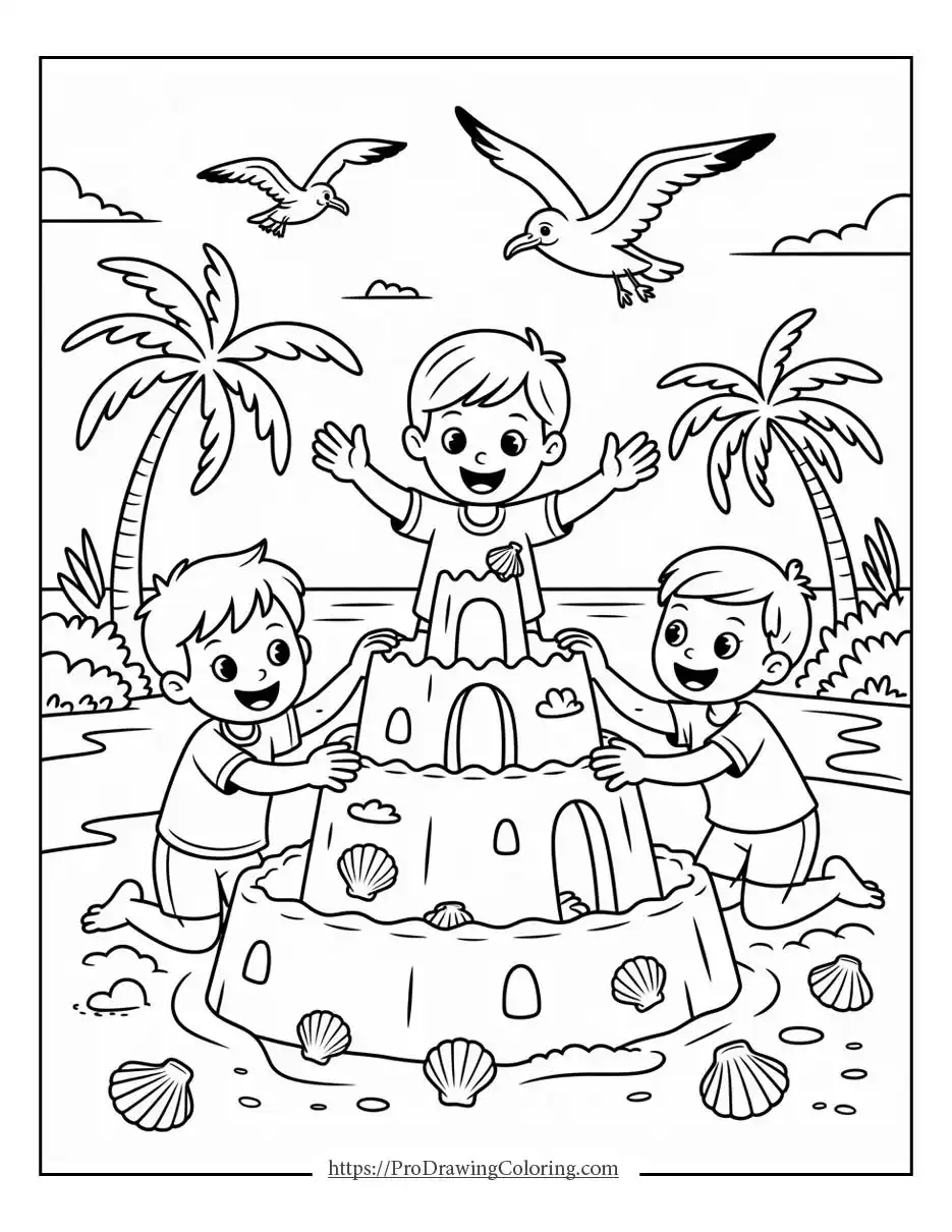 Cheerful children building a big sandcastle together on a sunny beach